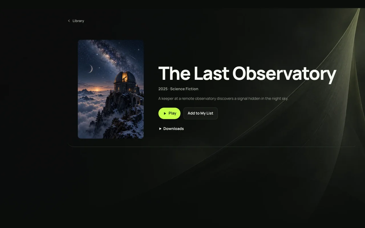 Film detail page for the fictional film The Last Observatory, showing Play and My List