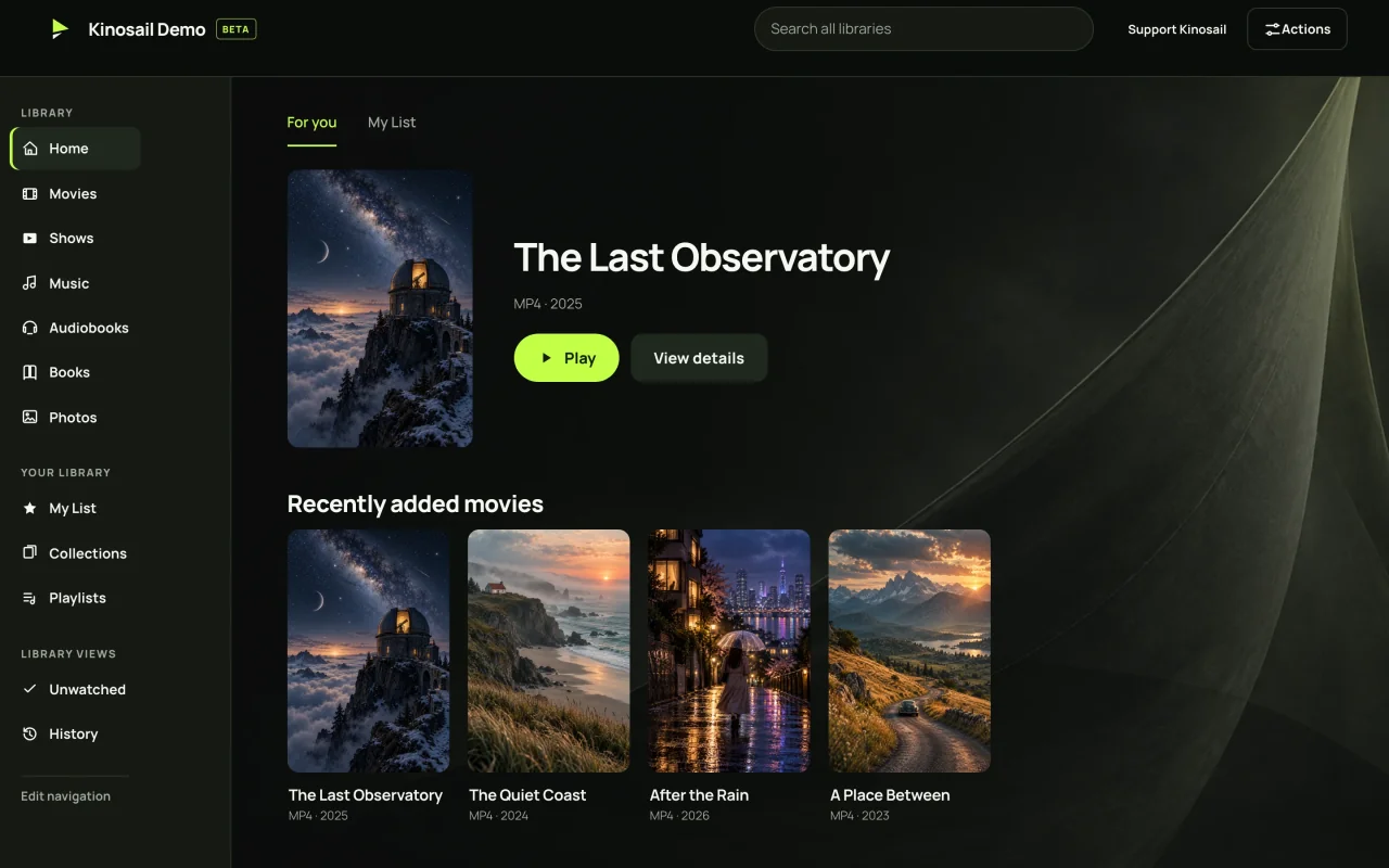 Kinosail Player Home on desktop or phone, with a fictional film library and original posters