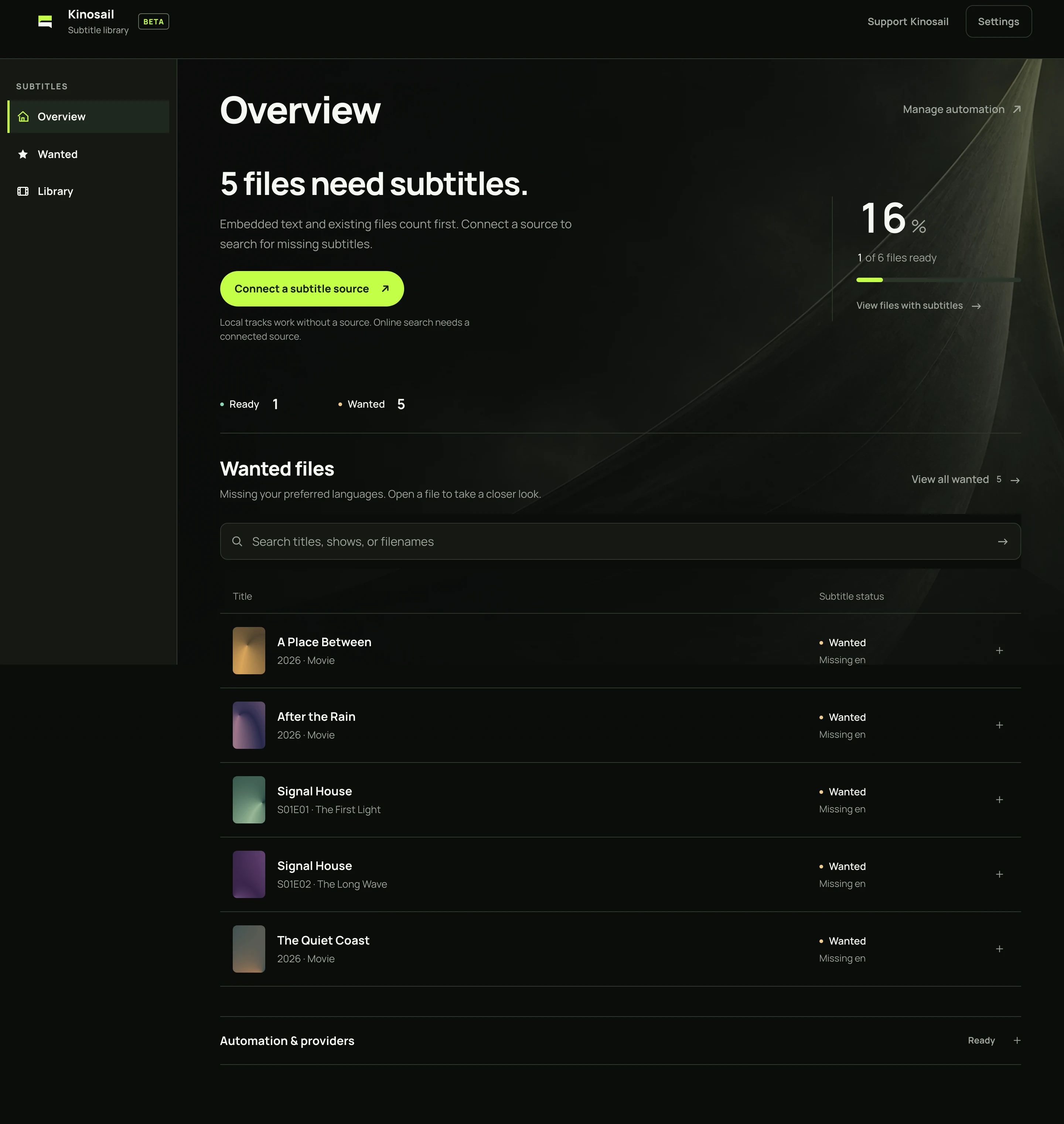 Kinosail Subtitles dashboard with five wanted fictional files, one ready file, and the next subtitle action