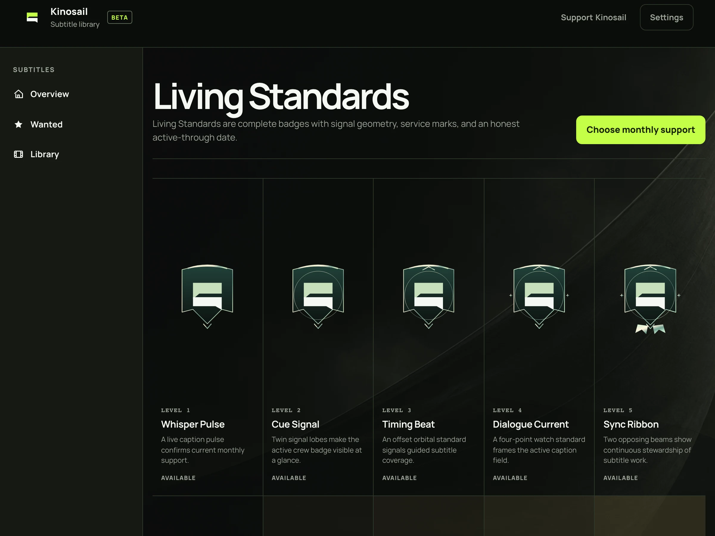Kinosail Subtitles Supporter page showing the first five Living Standards badges